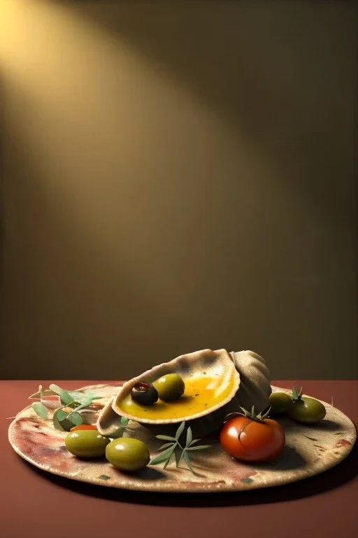 Ravioli by renaissance style still life oil painting, dish, natural tomato, albahaca, olives, olive oil, moisture, art, natural, ornaments, chef, high kitchen, smooth, gradient color background, unreal engine 5, ray tracing, RTX, lumen lighting, ultra detail, volumetric lighting, 3d.