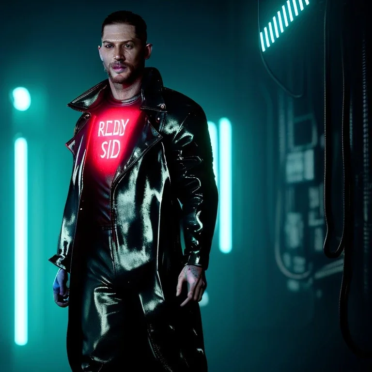 Actor, tom hardy, blade runner style, rain, fog, neon ambient, gradient color, clean skin, circuits, latex coat, cyber punk, neon, tubes, portrait, studio photo, unreal engine 5, smooth color, 16 bit, god lights, ray tracing, RTX, lumen lighting, ultra deatail, volumetric lighting, 3d, finely drawn, hd.