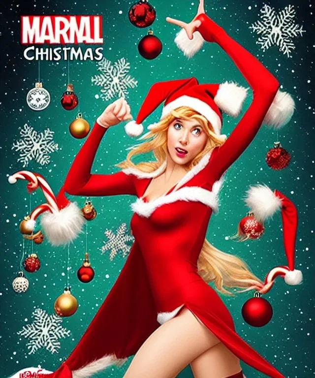 woman elve. Christmas scene. poster. marvel comic. low-key