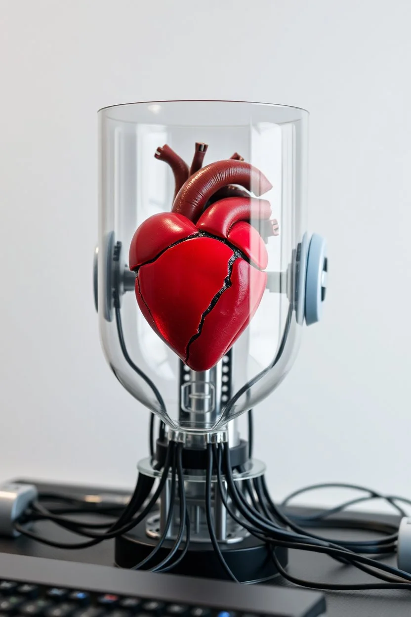 Photo of real heart on robot face inside A glass cylinder connected with wires to main computer