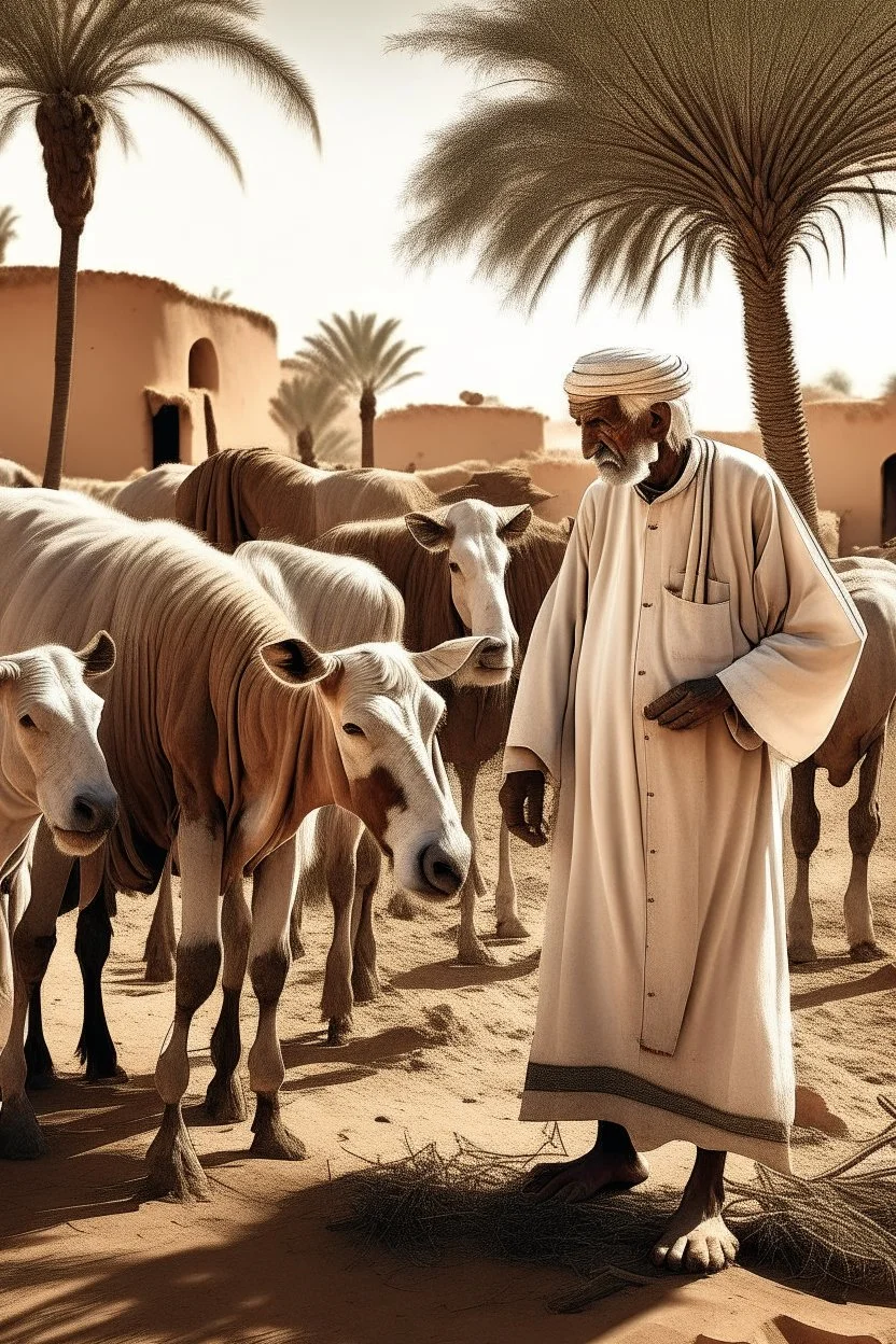 old man, Arab, turban, white clothes, cattle, desert, council, sun, palm trees, mud houses