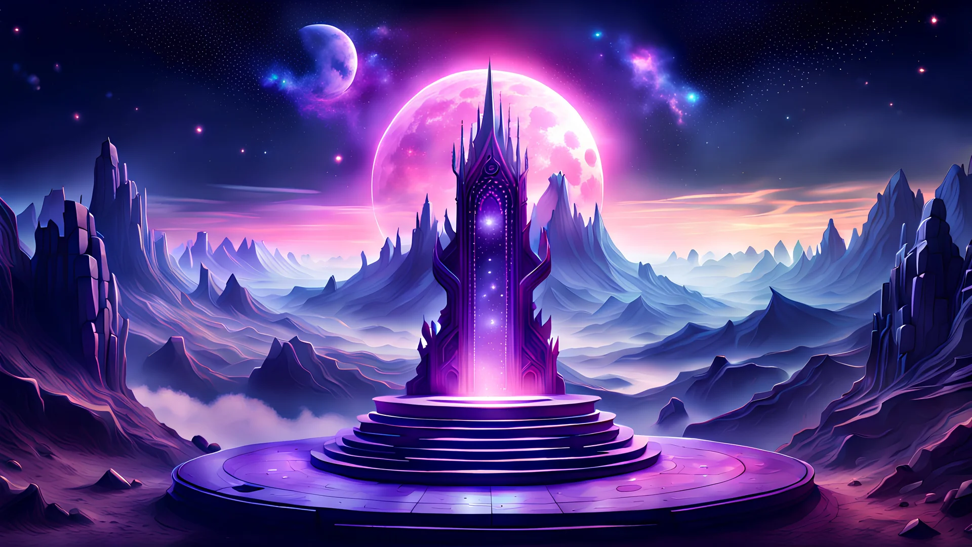 subconscious deep and relax fortress on magic tower and meditation round podium , realty mountains, only sky, where you can see , panorama. Background: An otherworldly bathed in the cold glow of distant stars. gloomy landscape with dramatic HD highlights detailled.