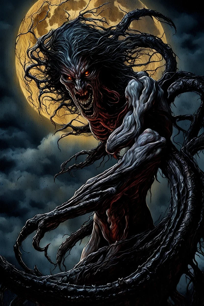 A dramatic digital painting portraying a horror monster under the Moon, veins pulsing, claws of temptation visible, soul in turmoil. In the style of Luis Royo and Boris Vallejo and Giger, vivid colors, swirling brushstrokes, highly detailed, 8k resolution, surrealistic., juicy emotions, painting, gloomy fantasy, gloomy day, dark world, portrait, oil and graphite, wide strokes, a weaving frame around, by Ryohei Hase, Agnes Cecile, Raymond Swanland, Anne Bachelier