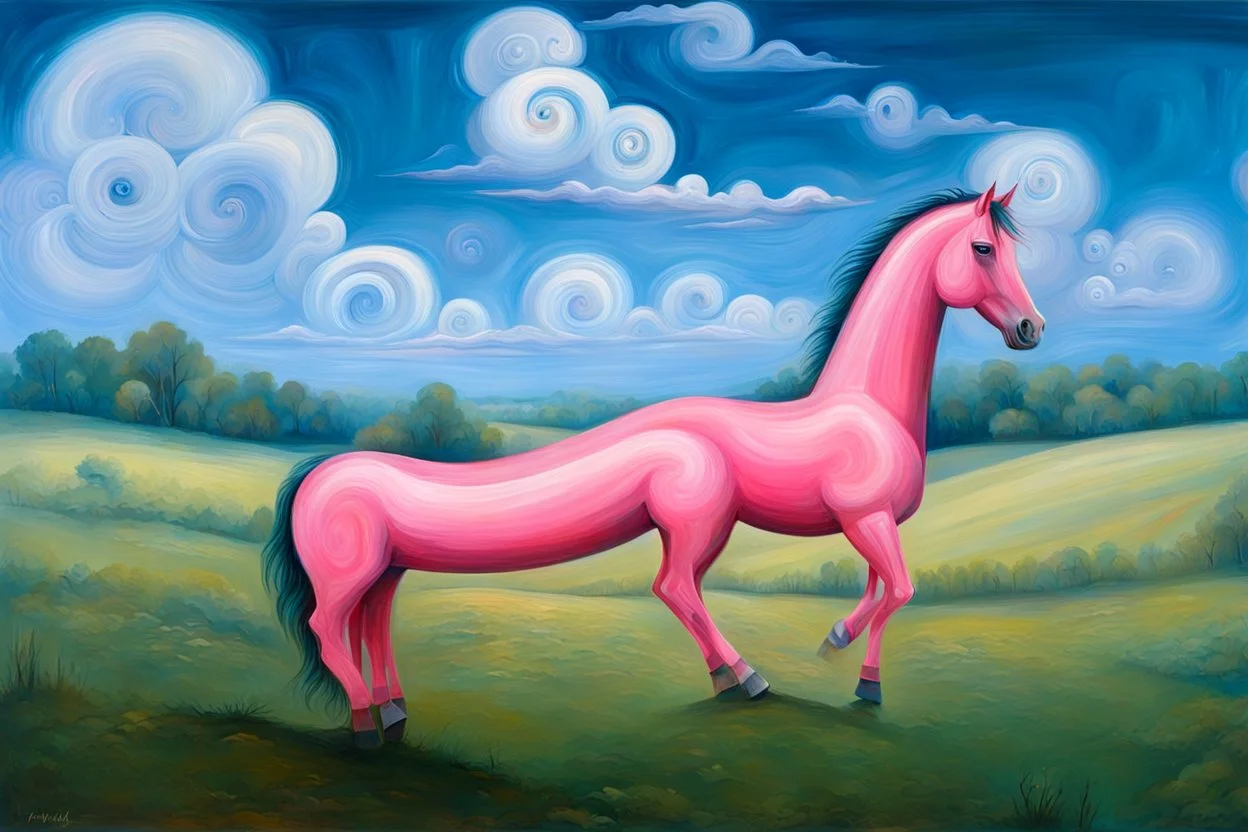 strange Big pink plastic horse.19th painting