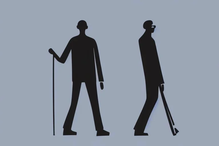 modern illustration of a blind man,black background , holding cane