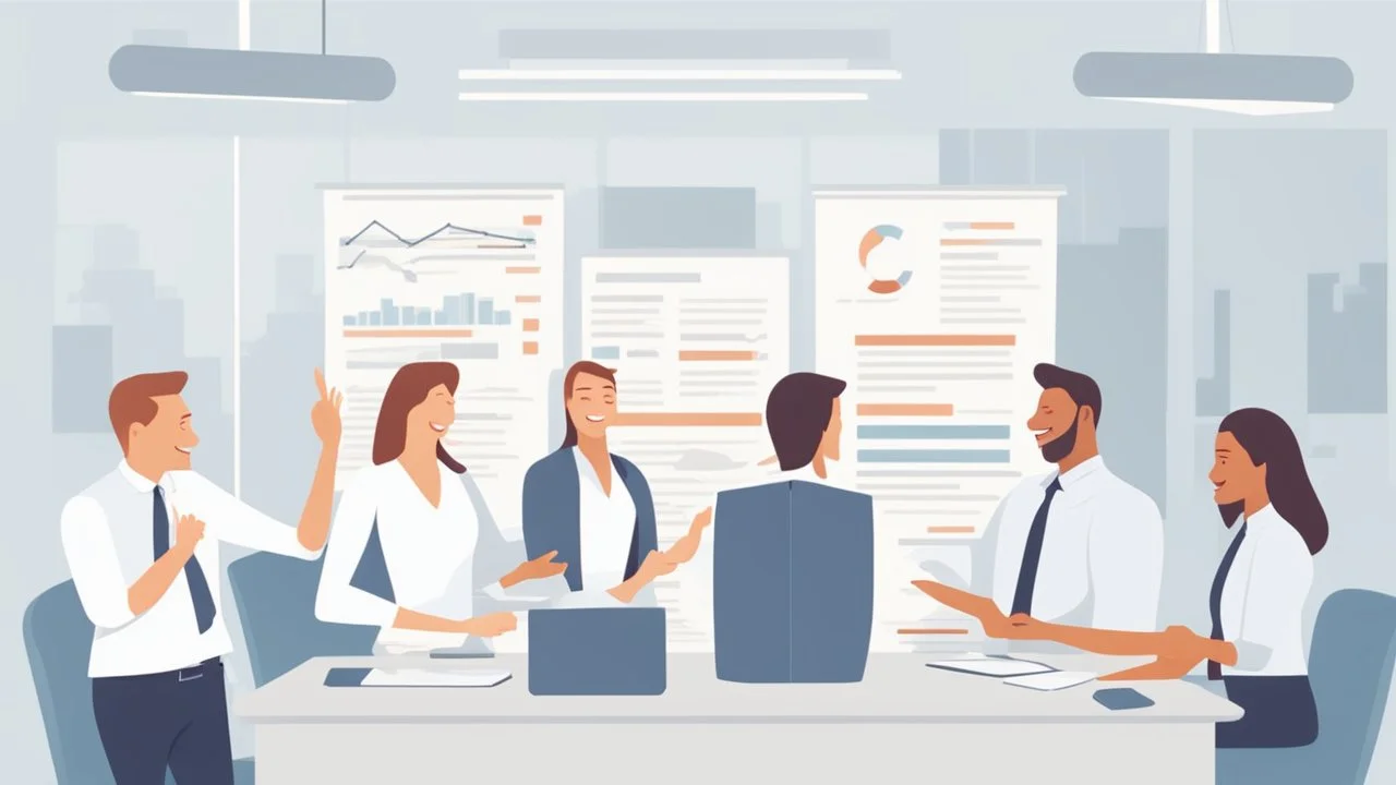 Certainly, here is a description of the ideal image for the article about "Successful Recruitment Strategies in the Business World" in English: The image depicts a group of happy and motivated employees in a professional work environment. In the center of the image, there is a manager or leader explaining successful recruitment principles to their team. The employees are shown actively engaging and participating in a discussion about the company's future. The image conveys a positive message ab