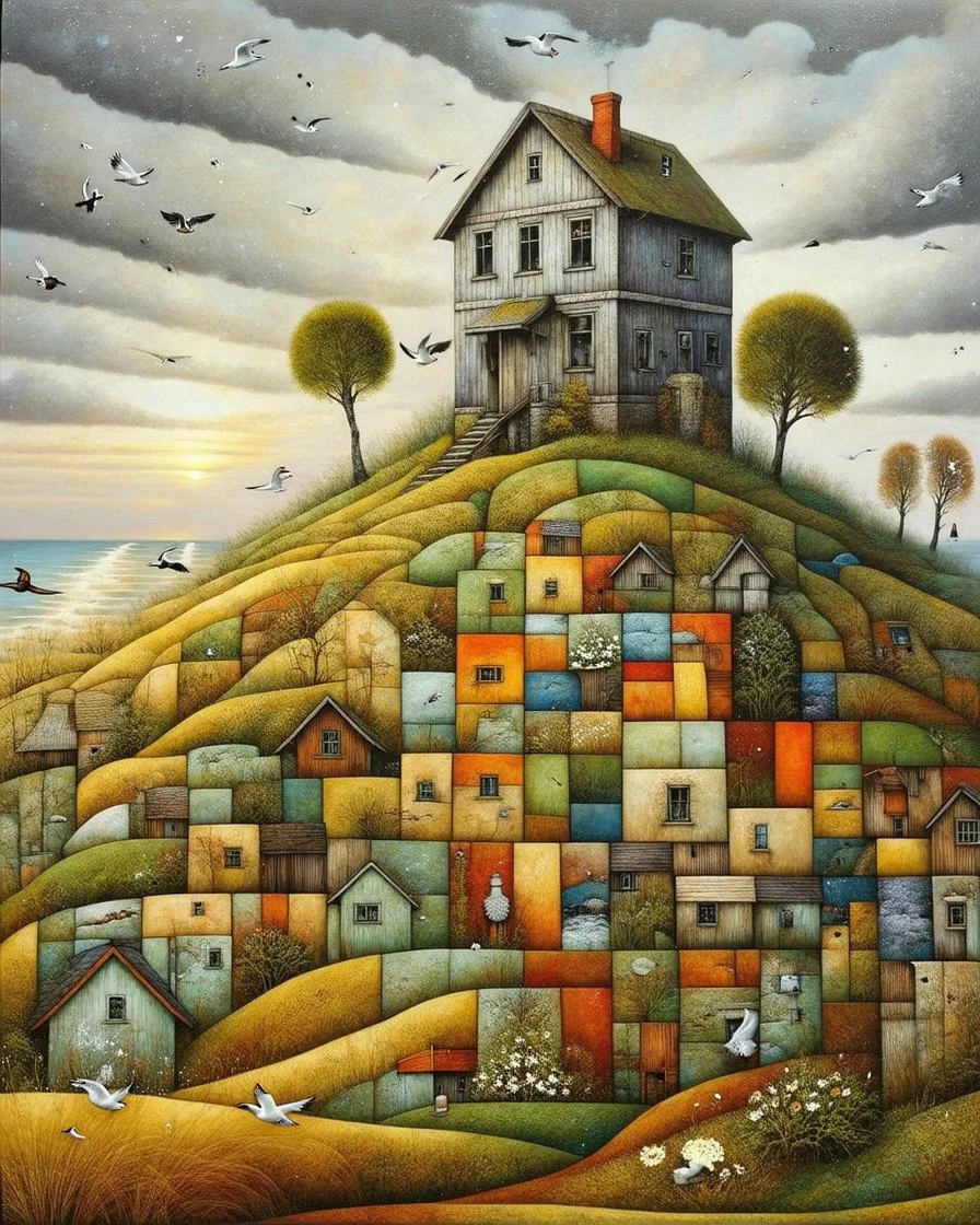 Richly textured Hieronymus Bosch, Catrin Welz-Stein, William Turner, Zdzisław Beksiński, Jacek Yerka oil on canvas zentangle line art style mix, surreal frosted fantasyland winter oceanscape, hoarfrost on trees, high grasses, snow and cottages, withered flowers, pale sunrise; paint splatter, beautiful vibrant colors, reflections, SK, flying seagulls, dramatic clouds, snowfall.