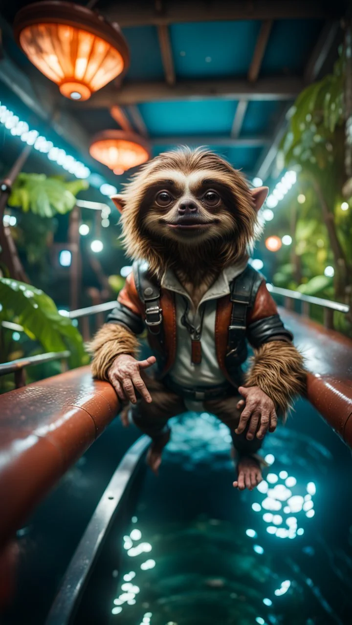 fish-eye photo of furry hairy pimp rocker alien gremlin sloth dwarf on bridge over water slide magically levitating in dark lit reflective wet jungle hall hotel tunnel, in the style of fallout 4 game,bokeh like f/0.8, tilt-shift lens 8k, high detail, smooth render, down-light, unreal engine, prize winning