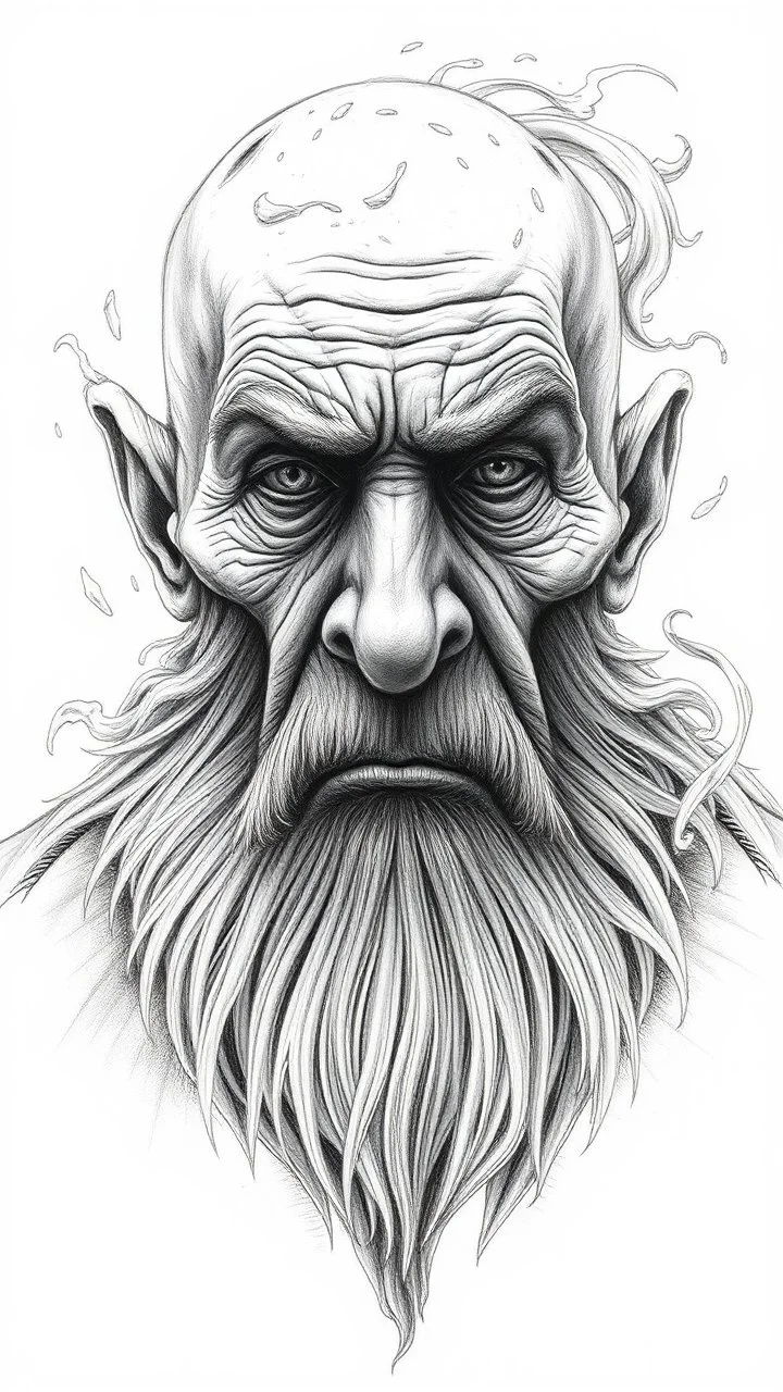 ππ§π€π’π₯π© highly detailed graphite illustration, front view , A surreal old man figure with exaggerated anatomical features, heavily wrinkled skin, and an intense, contemplative expression. bald head, thick eyebrows, long beard merge into swirling abstract shape. Mysterious, introspective, dreamlike, somewhat dark fantasy. #ππ§πart #prompt