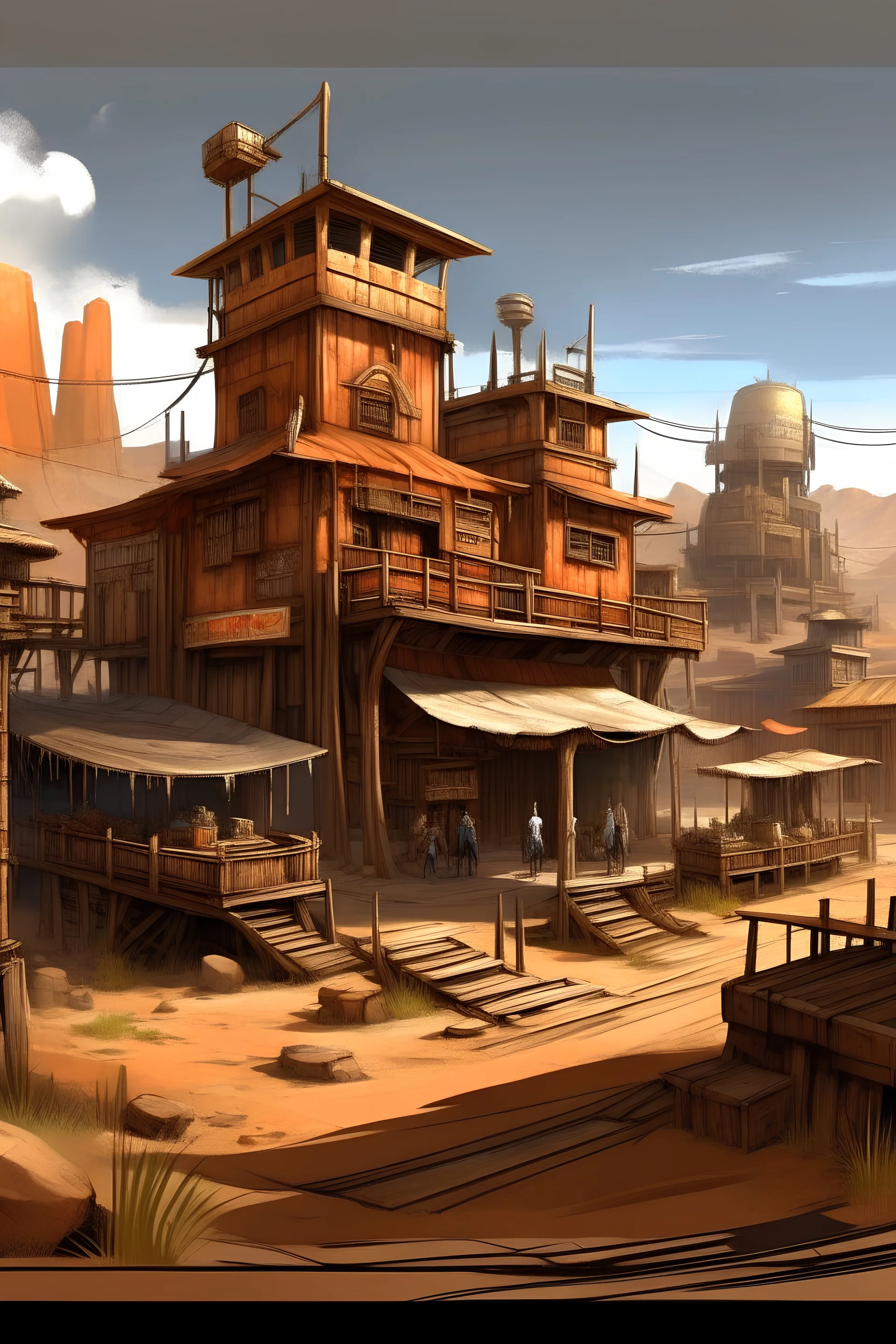 Space Western Town, Wild West, Tin, Sandstone, Gold, Old and Rusted, Hyperdetailed, Maximalist, Bustling, Underground, Browns greys and oranges.