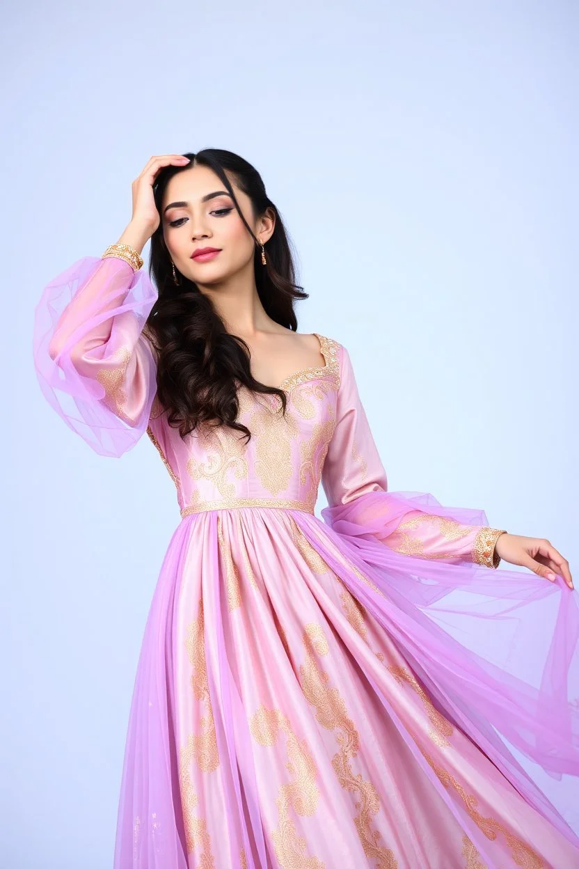 На ней было платье блио сиреневого и золотистого цвета, рукава в стиле рукава Марии. в полный рост