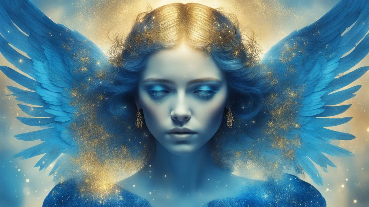 beautiful sad woman angel, double exposure in fantasy style, blue, gold, sparkles, fine rendering, bright colors, photorealism, 3D, with acrylic elements