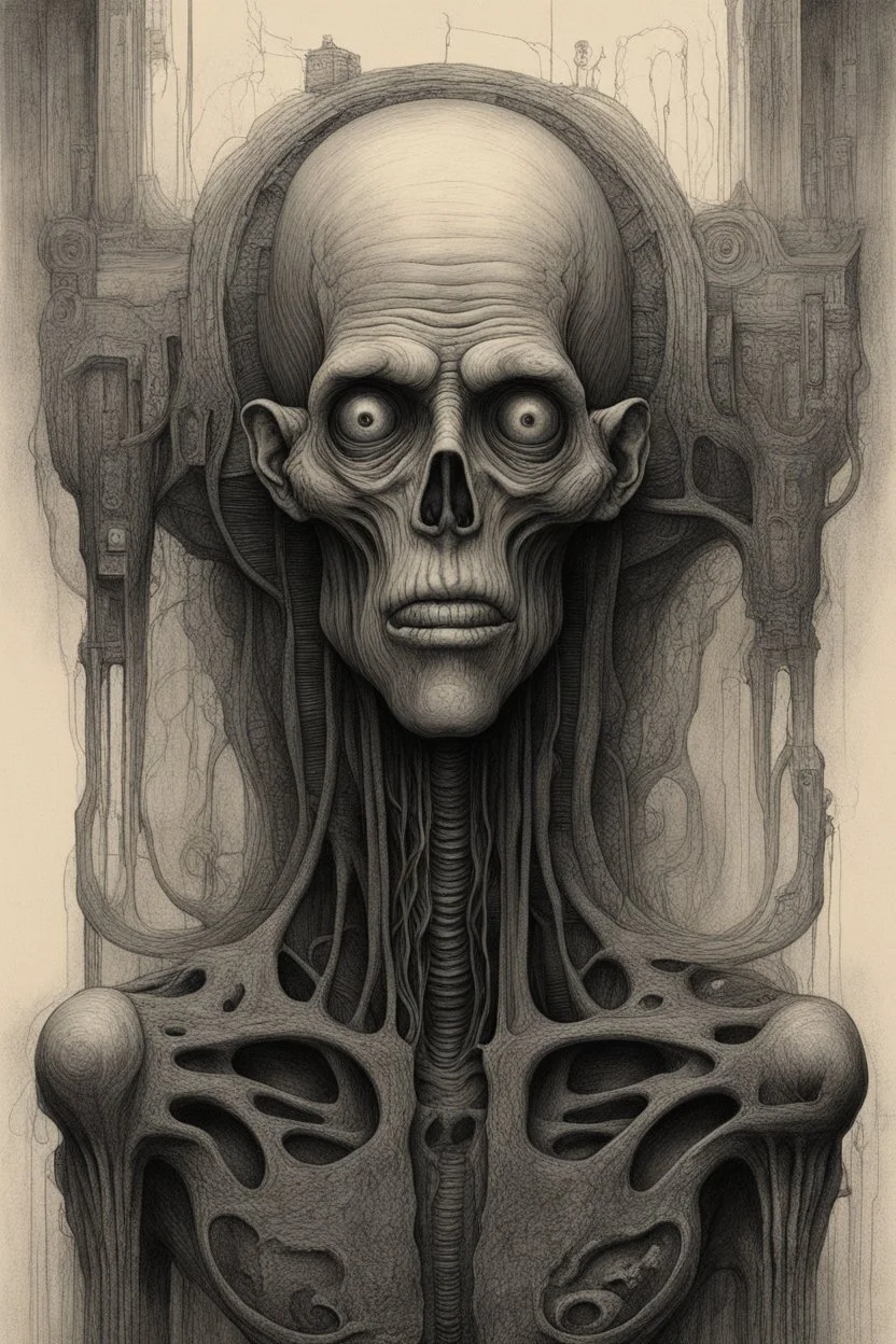 an old men , a thin line draw ، , front view camera, decayed and rotting with grotesque proportions and imagery. surreal horror, biomechanical design, by hr giger and beksinski , fine lines draw
