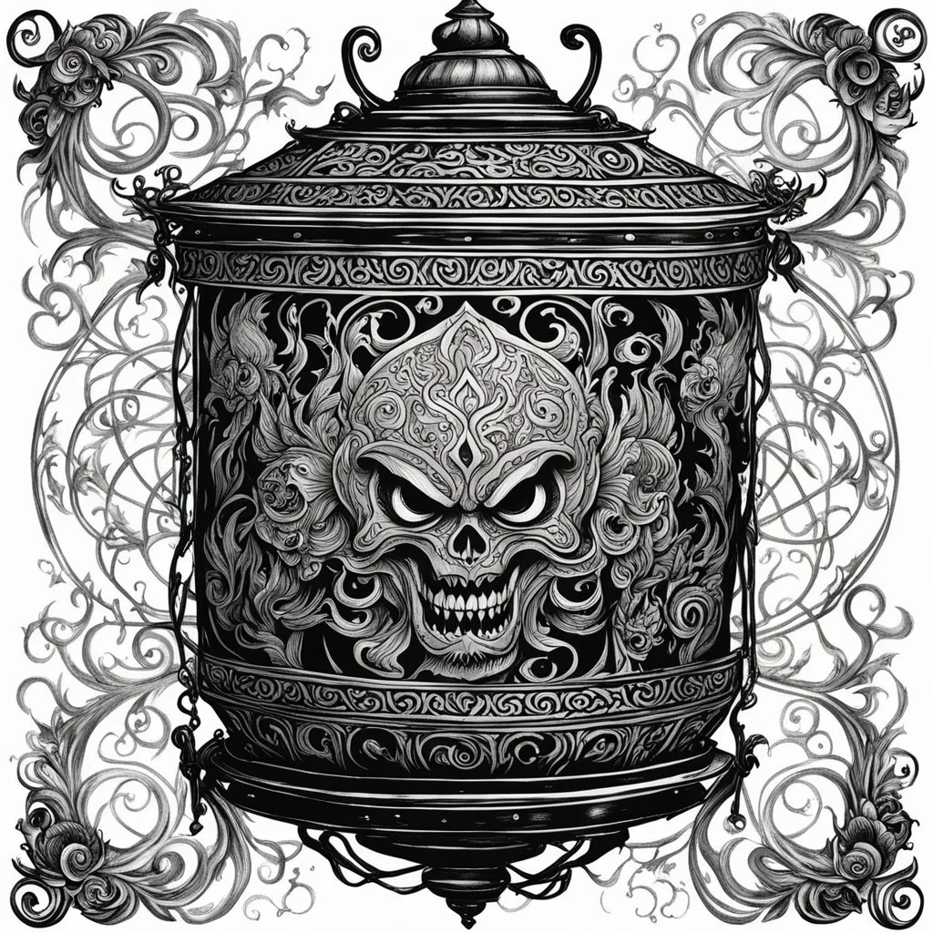 The tattooed killer lantern hovers ominously, its intricate patterns of swirling ink glowing with a malevolent energy. The figure's eyes widen in terror as they realize the true nature of this haunting presence. The tattooed designs on the lantern seem to come alive, shifting and writhing as if possessed by a sinister force. Each mark tells a story of death and despair, a grim tapestry of fate woven into the very essence of the lantern itself. The air is heavy with a sense of impending doom.