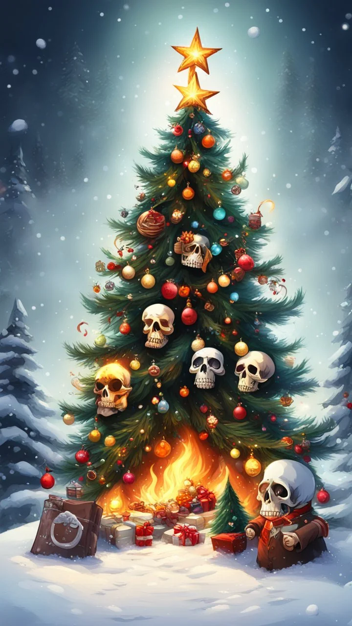 Christmas tree snow , Merry-x-mas decoration, tree, cartoon, Undertaker, fire and smog, Skull