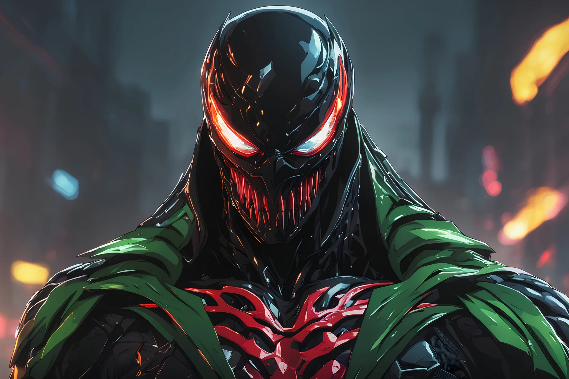 Venom Shredder in 8k solo leveling shadow artstyle, machine them, close picture, rain, neon lights, intricate details, highly detailed, high details, detailed portrait, masterpiece,ultra detailed, ultra quality, green ,yellow,red flag on back ground