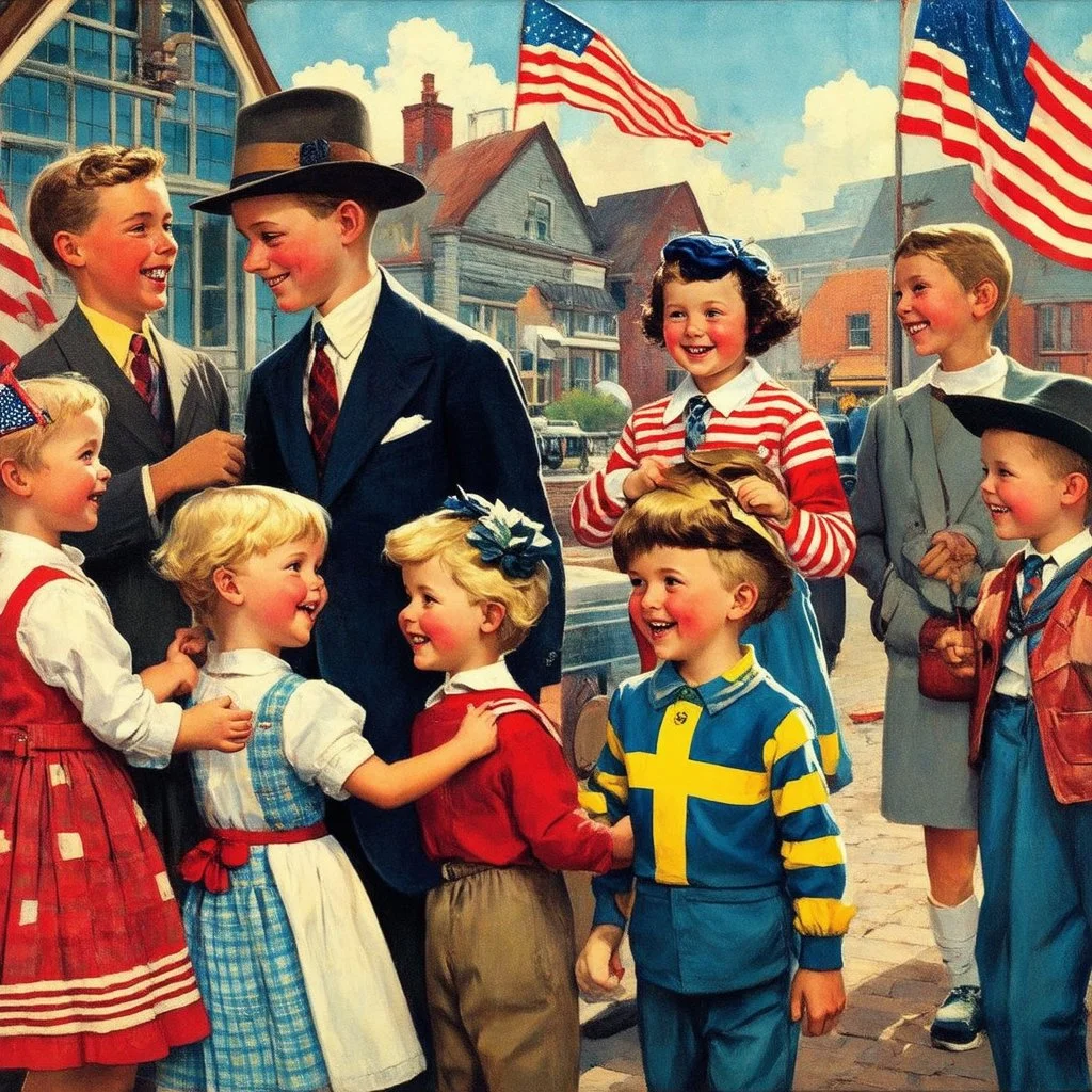Nostalgic images with Norman Rockwell illustration style. Depicting of American kids mingling with Swedish kids. I love their funny expression. Modifiers: digital painting elegant Award winning photography cinematic lighting beautiful dynamic lighting fantastic view close up crisp quality very cute cinematic postprocessing Vintage Natural colors aesthetically perfect facial features Craig Rutkowski Carl Larrson Charles Wells Schaller beautiful cinematic lighting elegant digital painting digital