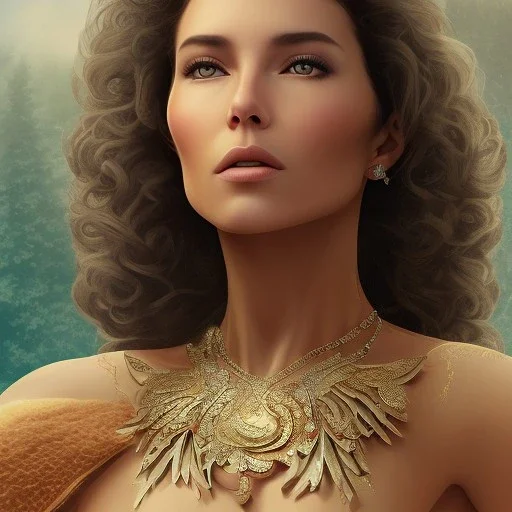 movie poster of jenifer conelly with curly hair and crystal necklace trying dress focus on upper body and face