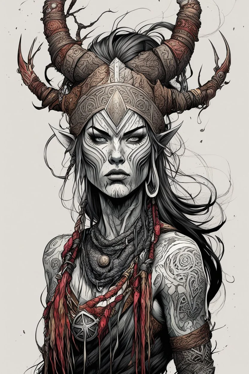 character concept illustration of a world weary, Norse female tribal shaman , maximalist, sharp focus, highest resolution, in the styles of Alex Pardee, Denis Forkas , and Masahiro Ito, boldly inked, 8k, coarse, gritty textures