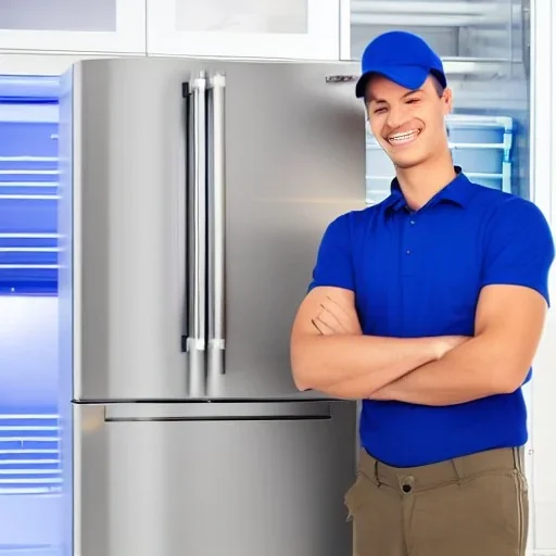 Refrigerator technician is smiling and working on the refrigerator