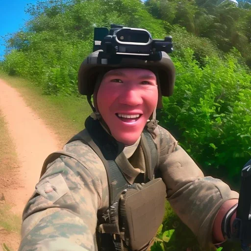 american soldier in vietnam taking a selfie with a gopro while running from combat