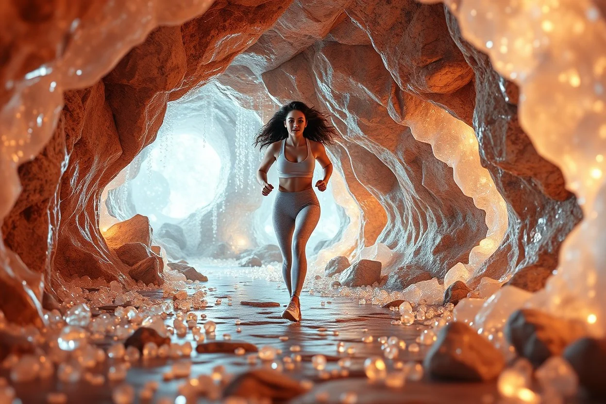 make a video pretty crystal cave covered with jewells and CIFI jewell lights and 3d recursive cubic and sphere base pearls and jwells a beautiful fashion model lady with cute,curvy hair,makeup, in pretty sports suit is running inside cave ,dynamic camera fallow her inside cave capturing full body, dynamic lights.