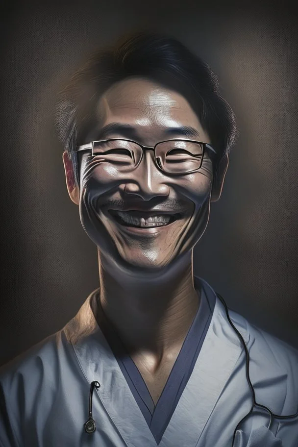 asian surgeon portrait smiling, scalpel pose, dark lighting, hyper-realistic