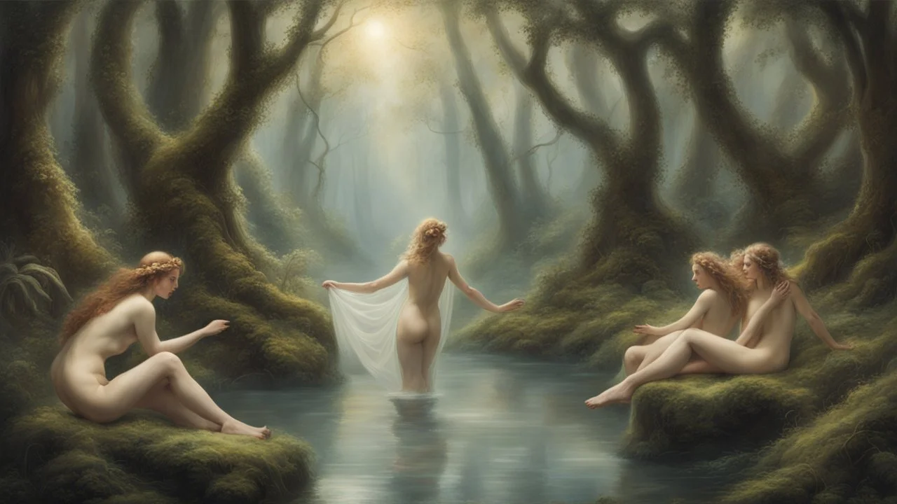 In the heart of a mystical forest, where the veil between reality and imagination is thin, lies a scene of ethereal beauty: The nymphs of the great bathers.