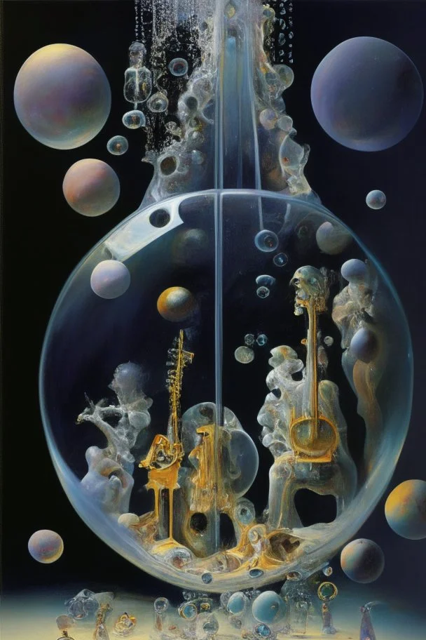 a Soap Bubble formed by multiverse-like complex surgical instruments mixed with galaxy-like musical instruments,Painting By Adrian Ghenie, Rene Magritte, Salvador Dali, Lucian Freud