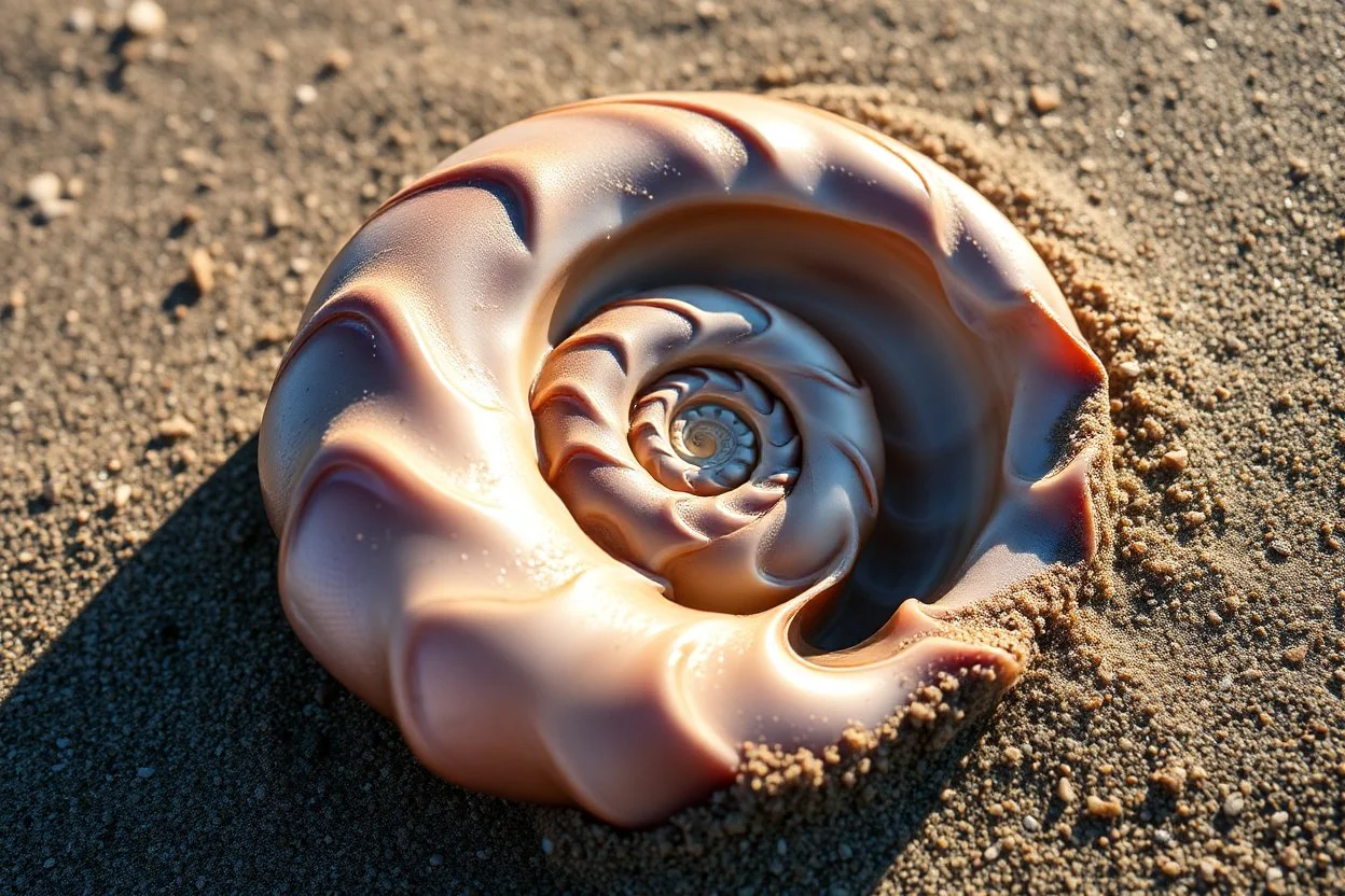 beautiful macro photography, close up of an iridescent-colored fractal spiral of a nautilus shell laying on the rough sand of a beach, moist and glinting in the sun, intricate fractal pattern, Fibonacci sequence, spiral has an complex pattern with precise, consistent geometry, sun glare effect, perfect nature photography, shadows