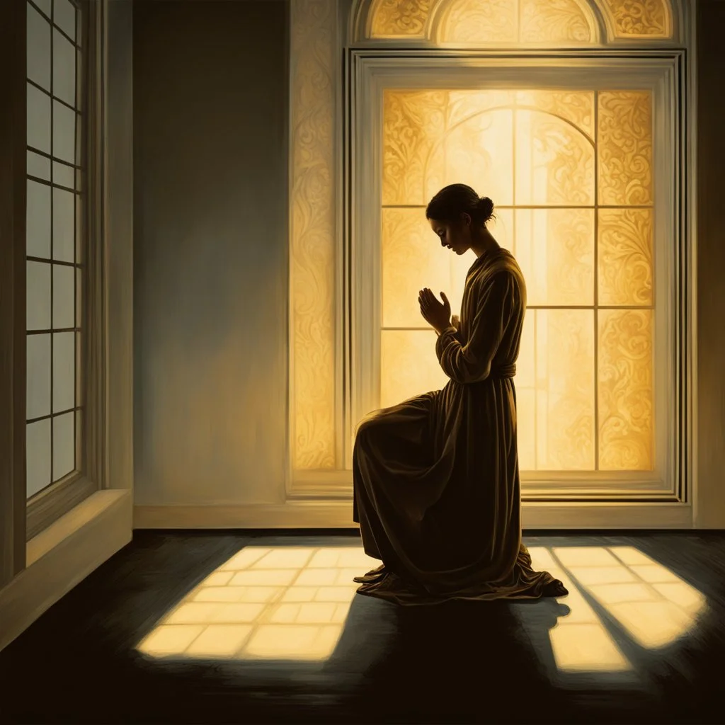 A single figure kneels in prayer, bathed in a warm, golden light spilling through a window. The figure's features are obscured, focusing on the posture of surrender and a subtle glow around the heart area.