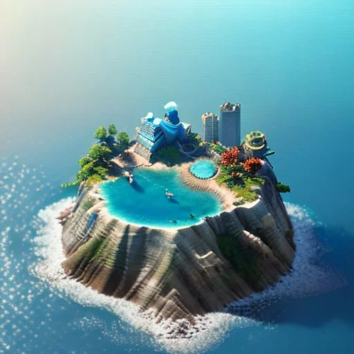 The Isometric Glass Tall Box Mini Model Little Real Island shape smooth Mixed Water Fall Under Ocean Sunshine Summer Background Blue Sea, The Last Of Us / Avatar, Octane Render / ZBrush, Cinematic, IMAX Film, Nikon D750, 16K, Autostereoscopy, Anthropomorphic, Golden Ratio, Geometry, Symmetric,Sango fantasy, fantasy magic, intricate, sharp focus, illustration, highly detailed, digital painting, concept art, matte, art germ and Paul Lewin and Kehinde Wiley, masterpiece silver elephant head bronze