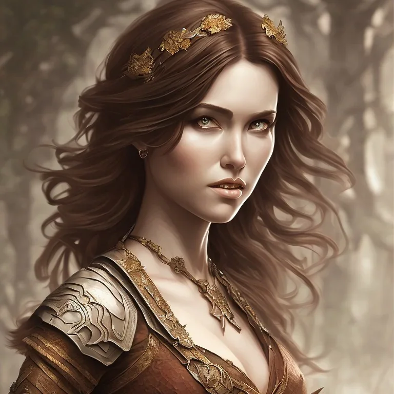 dungeons and dragons, female human, druid, brown hair, brown eyes, full body, realistic face, short hair, hair tied back, large nose, closed mouth, leather armor