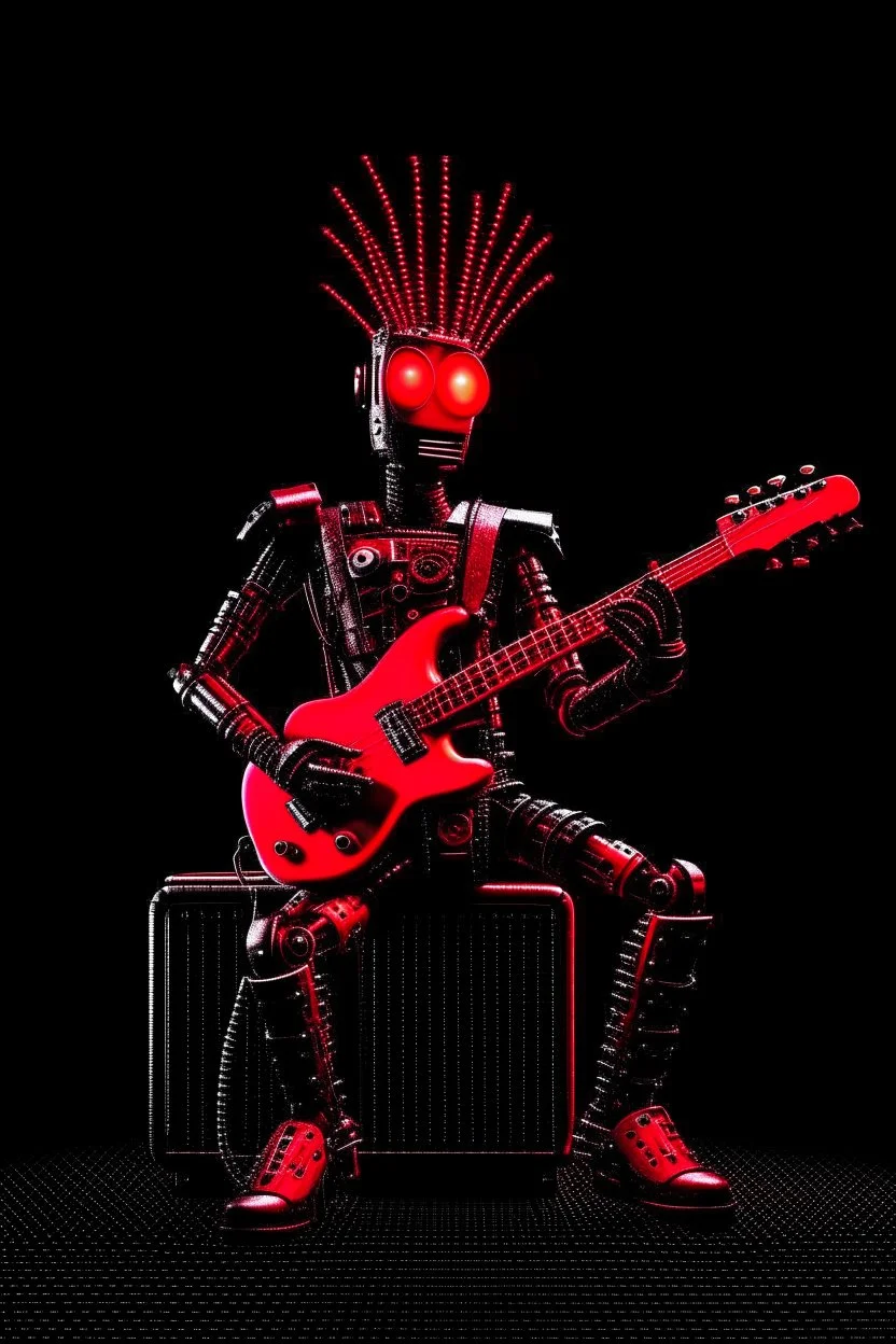 A robot, like a Terminator, with a red punk crest playing bass, black background, flames all around him.