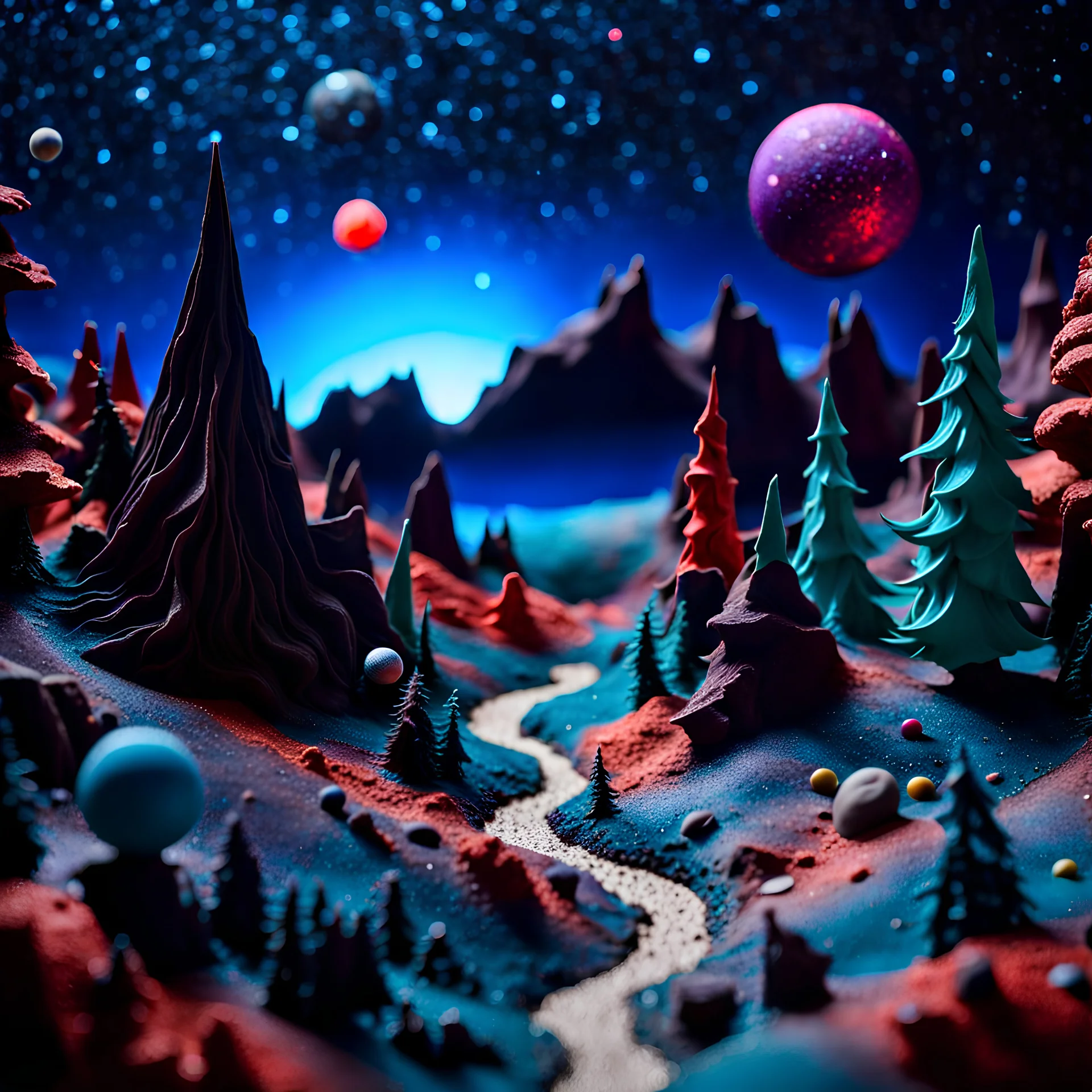 Detailed creepy landscape made of modeling clay, stars and planets, Roger Dean, Tim Burton, strong texture, Ernst Haekel, extreme detail, Max Ernst, decal, rich moody colors, sparkles, bokeh, odd