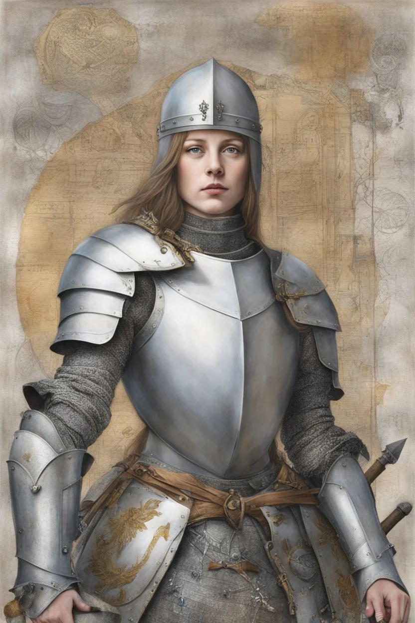 Portrait Art **Featured Art:** Mixed Media Tribute: A mixed-media portrait of Joan of Arc could incorporate elements of her life, such as her armor, a representation of the siege of Orléans, and symbols of divine guidance. Different textures and materials could symbolize the complexities of her character and the layers of her story, emphasizing her struggle for universal rights. **Appearance:** portrait of Joan of Arc (a patron saint of France, honored as a defender of the French nation for her