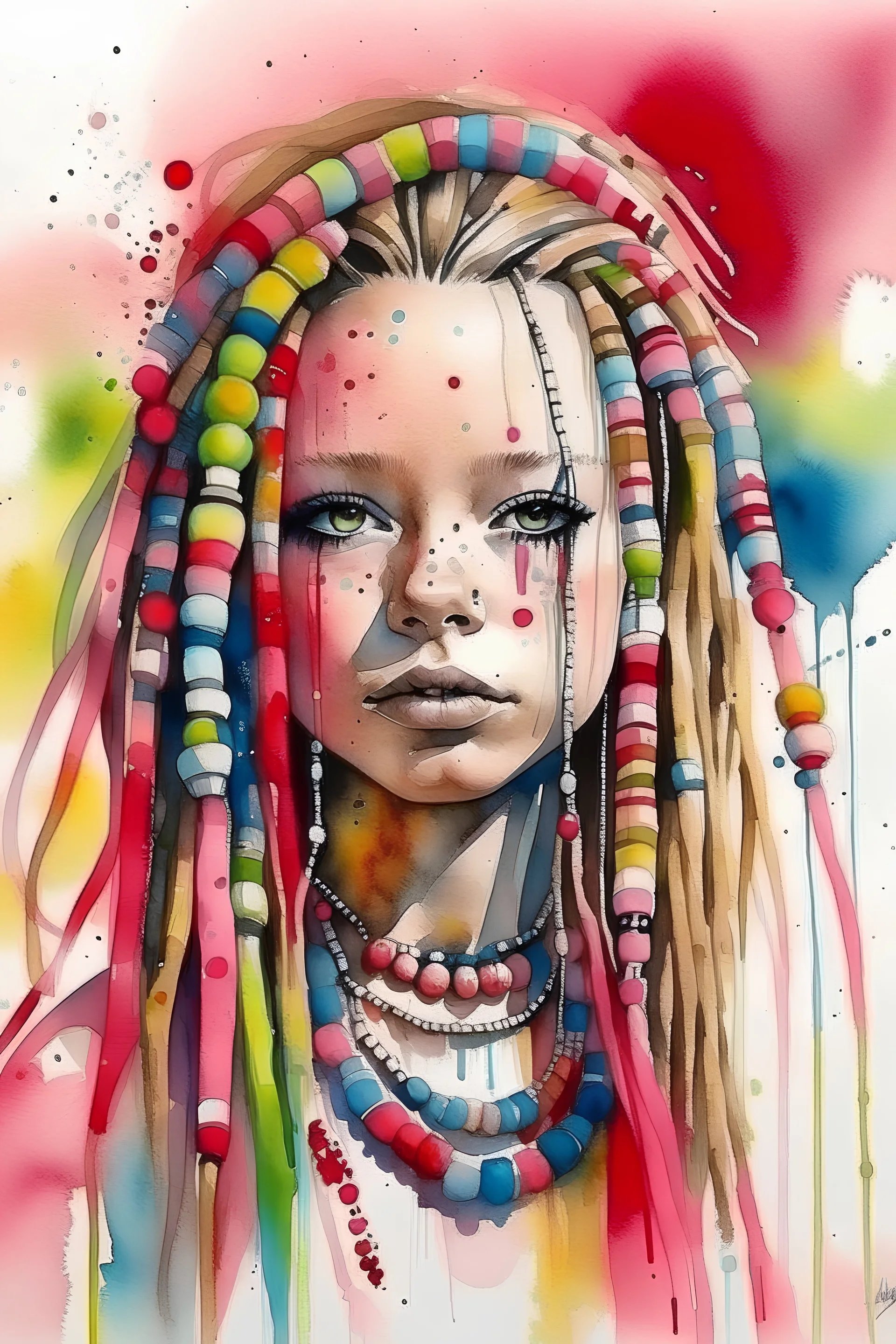 Watercolor white and fuxia dreadlocks girl with coloured beads in the hair