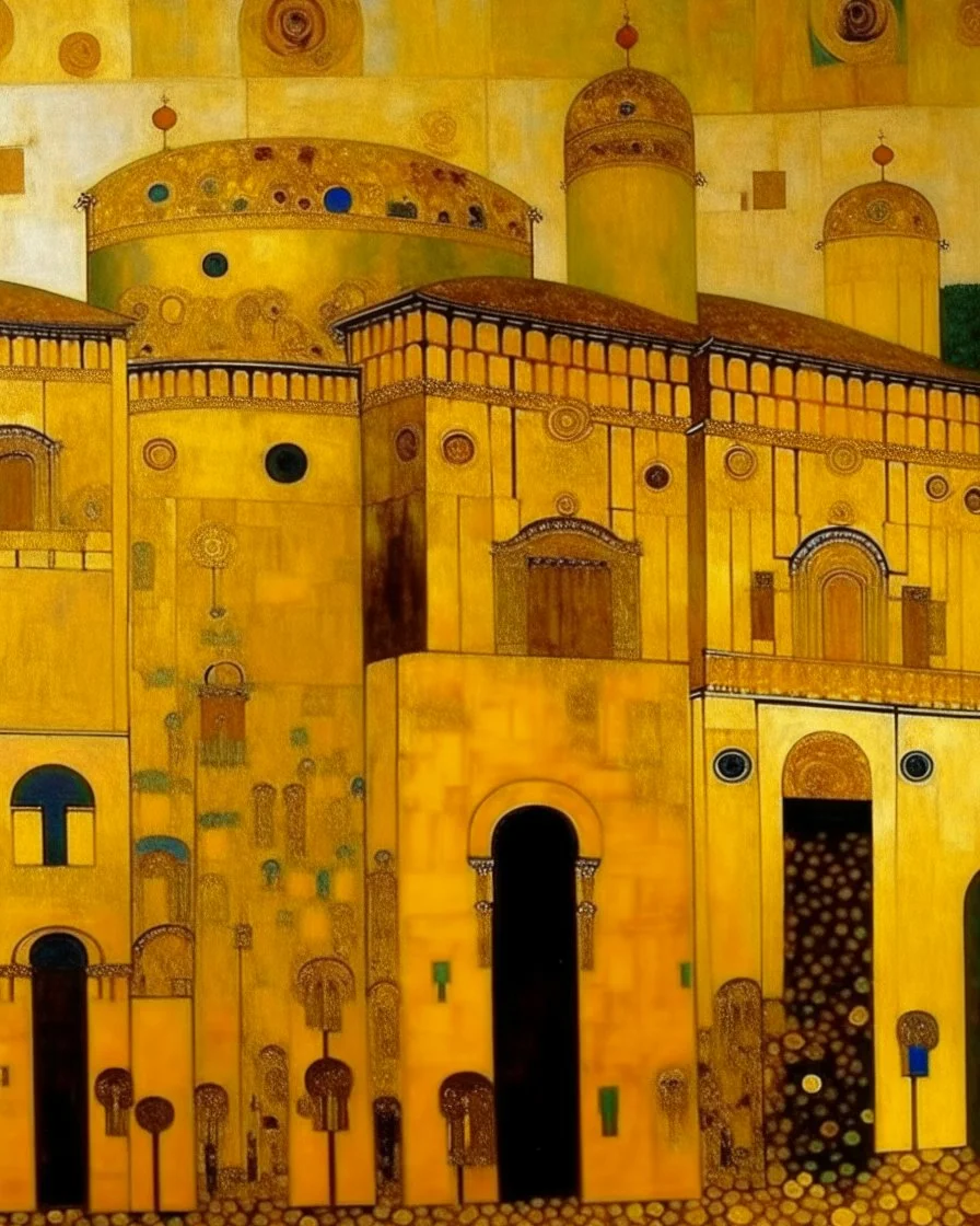 Golden yellow ancient ruins in daylight painted by Gustav Klimt