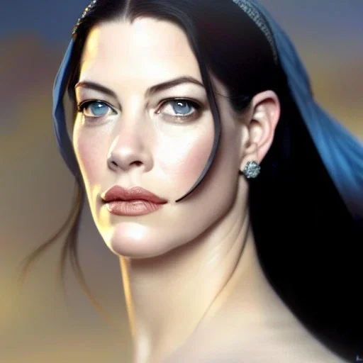 Epic Drawing of a Photorealistic dramatic hyperrealistic Liv Tyler,Crystal blue eyes arab ameera al taweel with black hair, white veil, elegant, by WLOP,Artgerm,Greg Rutkowski,Alphonse Mucha, Beautiful dynamic,shadows,Artstation,concept design art,Octane render,8K