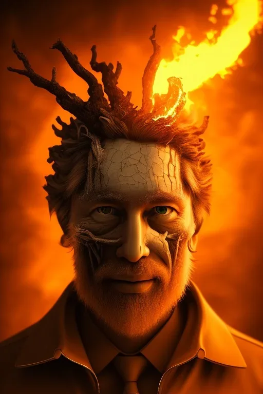 satoshi nakamoto in the mining hole, Fire theme art, Dark moody night atmosphere, , 8K, close-up face, anatomically perfect face, oak tree roots, ignore NSFW