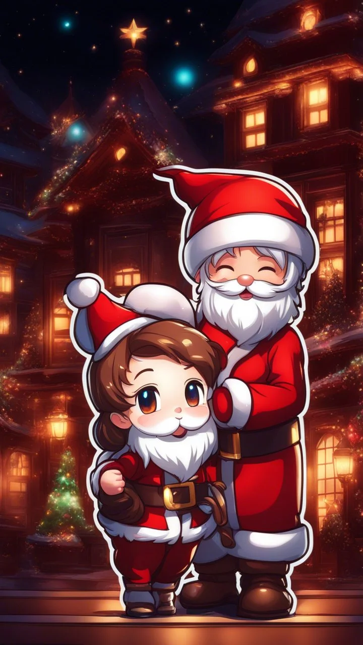 Chibi santa-claus hug big Chocolate in 8k sticker, style of fairy academia, neon lights, intricate details, highly detailed, high details, detailed portrait, masterpiece,ultra detailed, ultra quality