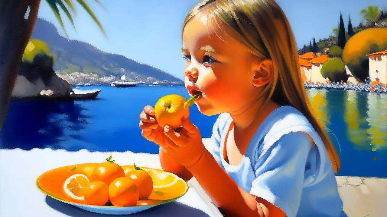 child eating a orange painting cote d'azur