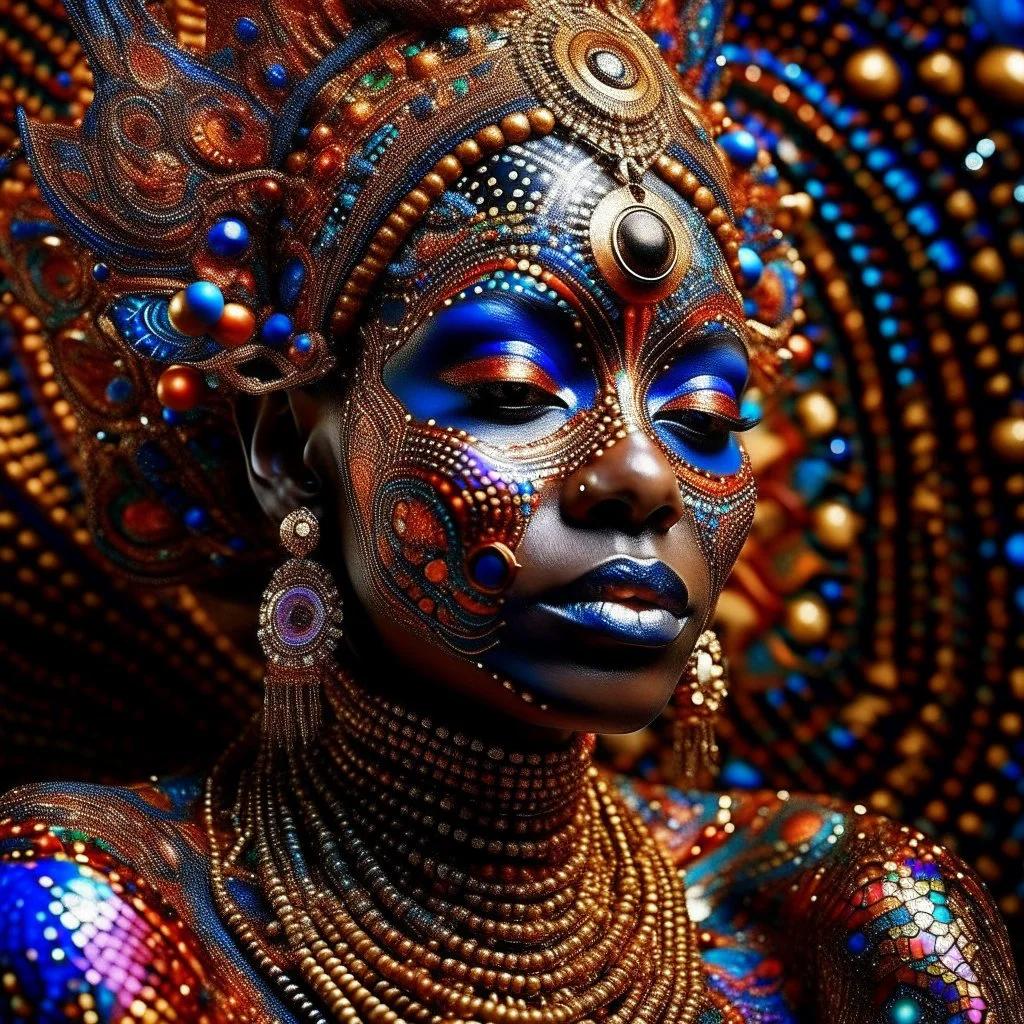 Resplendent cosmic moire pattern goddess, mystical afrofuturism, intricate tattoos, ornate jewelry, colorful shiny metallic makeup, moire silk robes, radiant celestial aura, ultra - sharp details, dynamic composition, unusual angle, bokeh::5 Artwork by Hassan Hajjaj::1 Artwork by Omar Victor Diop::1 Artwork by Mary Sibande::1 Artwork by Viviane Sassen::1 Artwork by Aida Muluneh::1 Artwork by Delphine Diallo::1 Artwork by Ingrid Baars::1 --v 5.1 --style raw --c 25 --s 1000