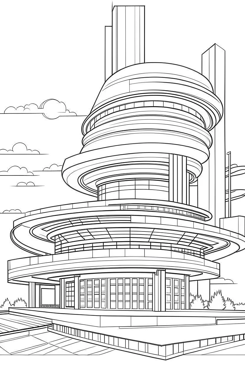 future 2050 STAR hotel, amazing hotel design, flat vector, full view, only draw lines, clean line art, –no sketch, white background, minimalistic black lines, minimal black color, coloring page, thin black line art, perfect shape, perfect clear lines,