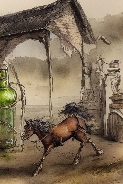 A rocking horse and bottled drinks by Jean-Baptiste Monge, watercolour and ink, extremely detailed, crisp quality, very attractive, fantastic view, award winning in sunshine