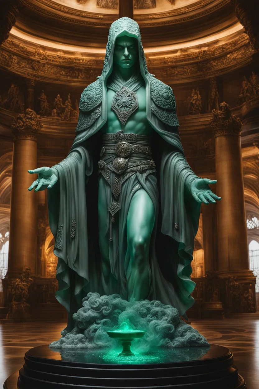 highly detailed marble and jade sculpture of a male necromancer, transparent nail polish, beautiful hands, stunning face, volumetric fog, stunning environment, Mark Brooks and Dan Mumford, comic book art, perfect, smooth