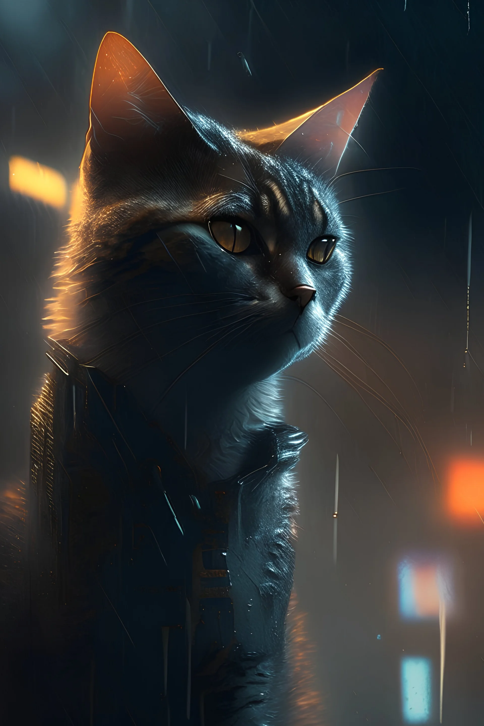 Create the image of a cat, using the Blade Runner movie atmosphere.