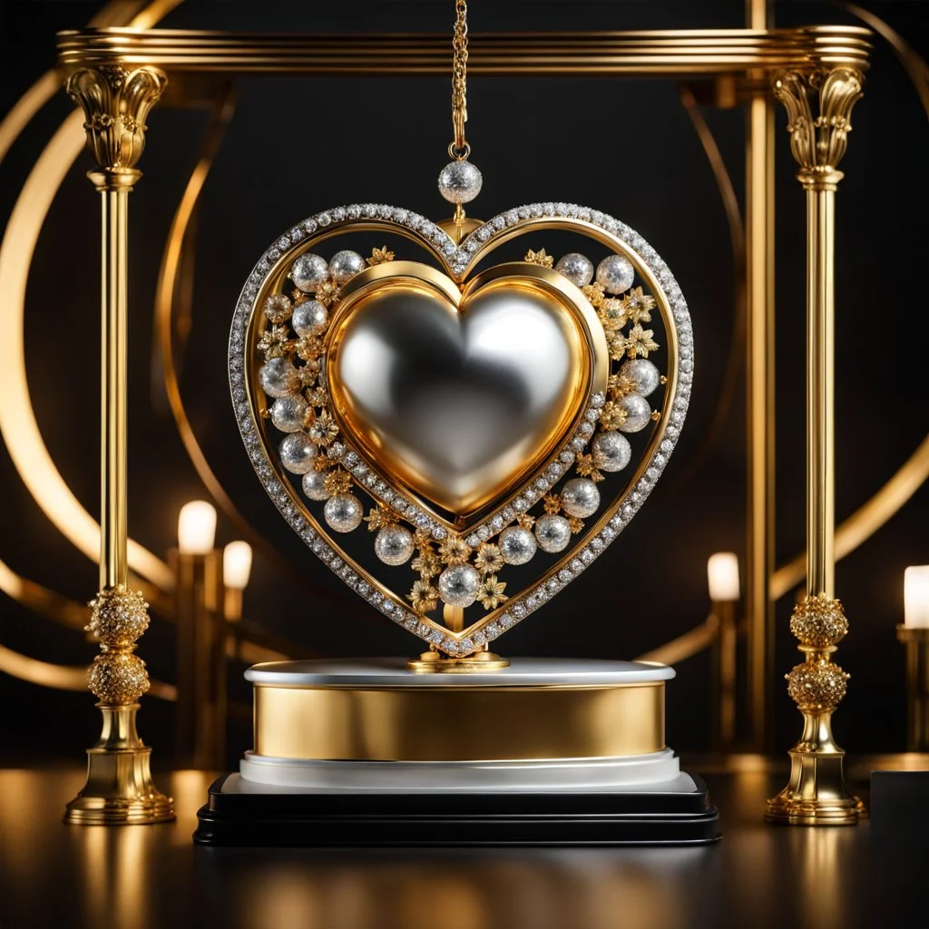 A magnificent golden and silver heart-shaped sign adorned with a stunning golden sphere encrusted with sparkling diamond clusters at its center, elegantly spinning in position.