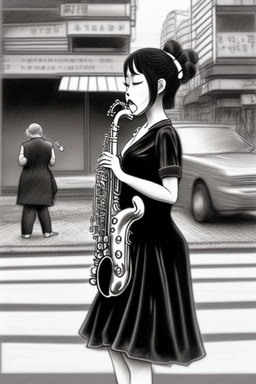 One single mature female cat playing saxophone on the street, swinging dress, Osaka, thoughtful, mourning, model style, hyper realistic, extremely accurate, delicate, extremely detailed, Graphic novel style, wide-angle, open aperture, superfine pencil