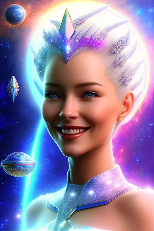 young cosmic woman smile, admiral from the future, one fine whole face, large cosmic forehead, crystalline skin, expressive blue eyes, blue hair, smiling lips, very nice smile, costume pleiadian,rainbow ufo Beautiful tall woman pleiadian Galactic commander, ship, perfect datailed golden galactic suit, high rank, long hair, hand whit five perfect detailed finger, amazing big blue eyes, smilling mouth, high drfinition lips, cosmic happiness, bright colors, blue, pink, gold, jewels, realistic